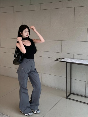 Real shot!  American Retro Straight Casual Small Spring and Autumn Sweet and Cool Slim High Waist Overalls for Women Trendy