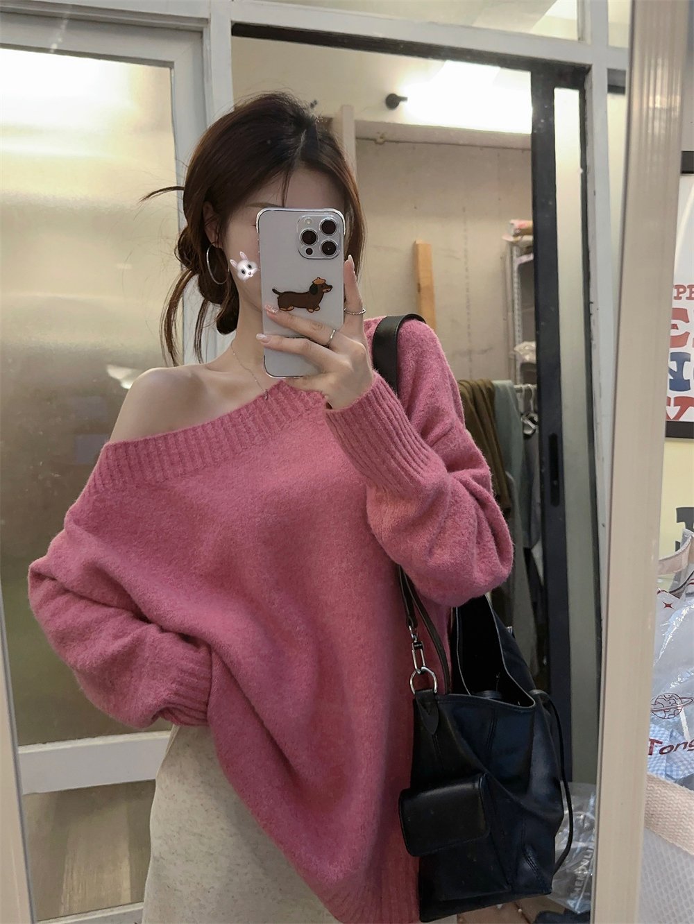 Photographed~ Korean-style effortless vibe, off-shoulder one-shoulder turtleneck loose and slimming long-sleeve knit sweater