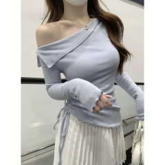 Actual shot of autumn and winter Korean style slim-fitting one-line collar pure desire off-shoulder drawstring fungus-edged long-sleeved inner T-shirt top