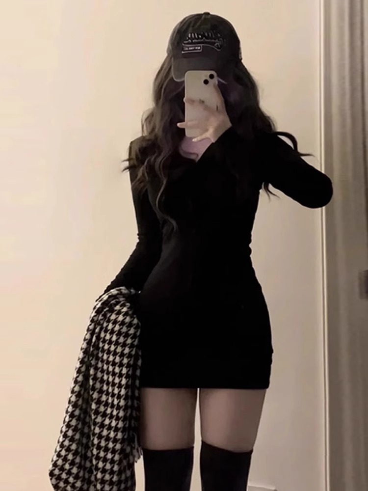 Black tight little knitted dress women's suit spring, autumn and winter slim hip-hugging skirt with 2024 new style