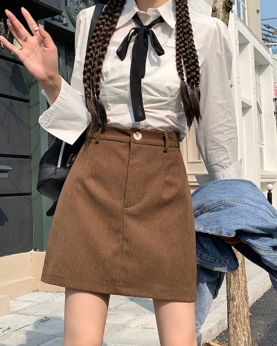 Real shot corduroy skirt women's A-line high waist 2024 autumn new short skirt slimming long skirt