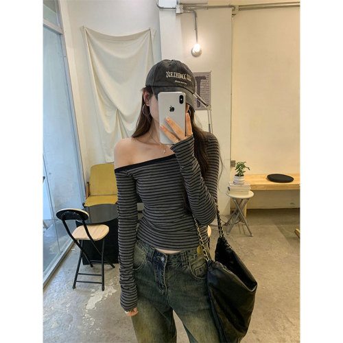 Original quality slope-neck off-shoulder striped long-sleeved T-shirt early autumn new hot girl slim short top