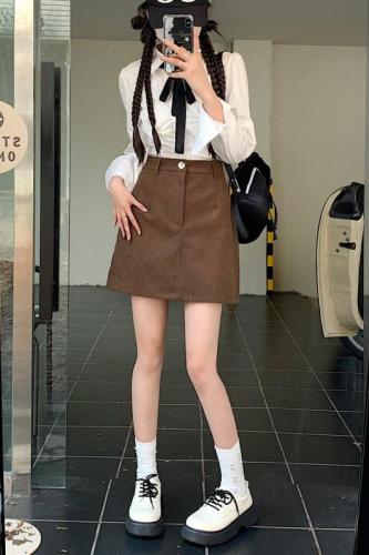 Real shot corduroy skirt women's A-line high waist 2024 autumn new short skirt slimming long skirt