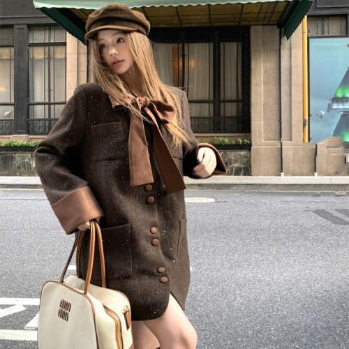 Actual shot of Korean style bow-knot mid-length woolen coat for women, new temperament, age-reducing straight slimming coat