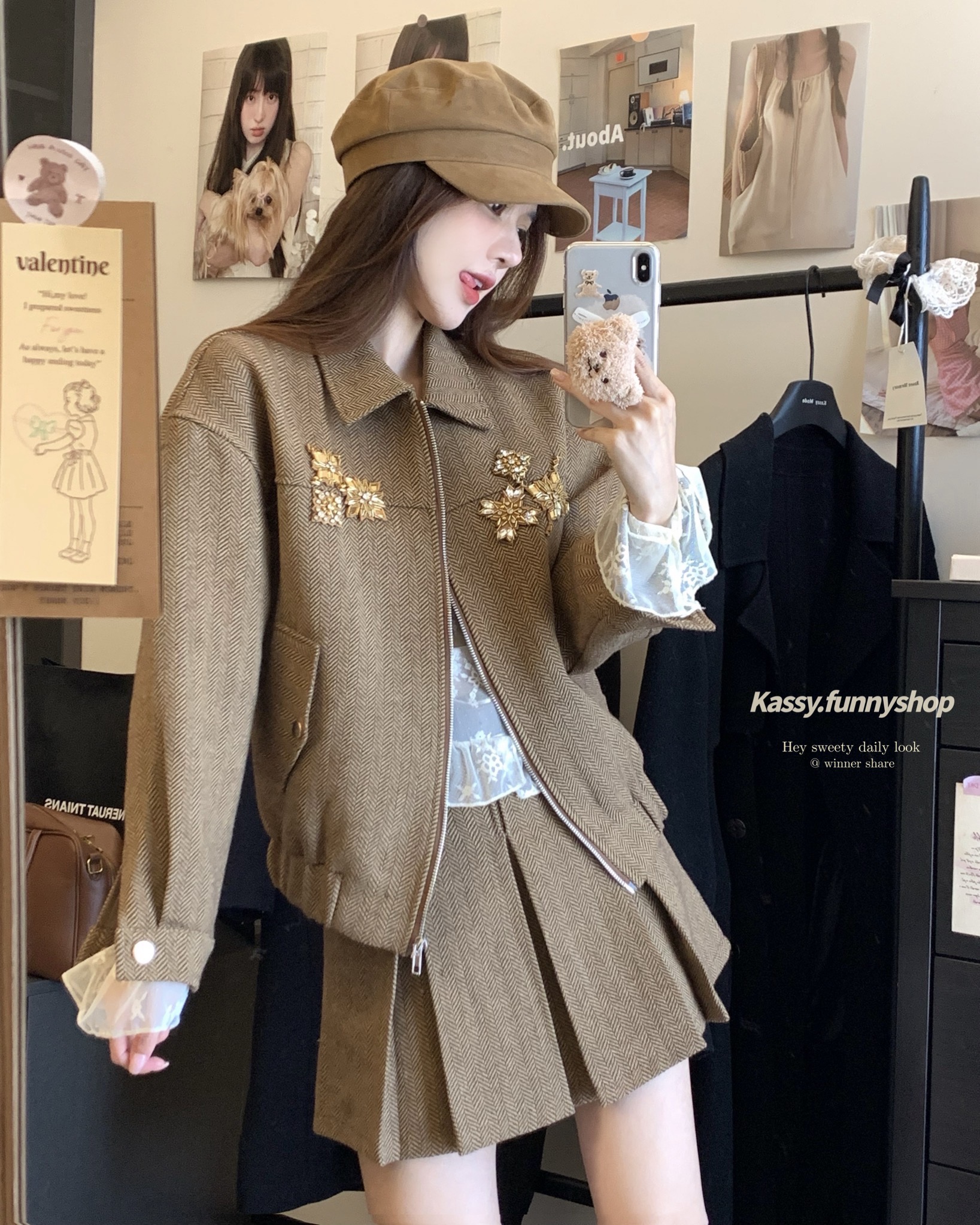 Actual shot ~ Retro fashionable hand-stitched patch lapel jacket, jacket, women's suit skirt