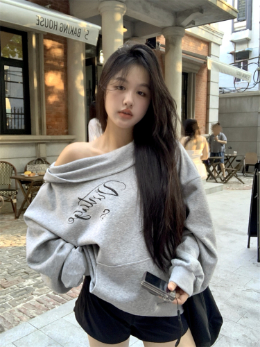 Actual shot ~ Printed hooded one-shoulder design, loose, lazy and versatile sweatshirt for women