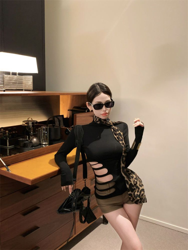 Cotton modal hot girl high collar long sleeve slim fit hollow long sleeve T-shirt design temperament slimming top