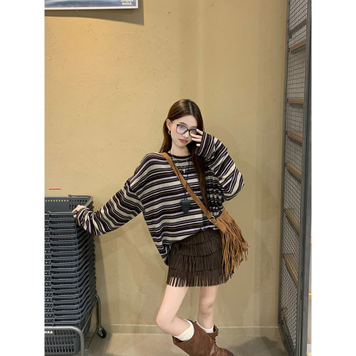 Original quality striped long-sleeved T-shirt for women, autumn inner layering shirt, loose retro lazy top