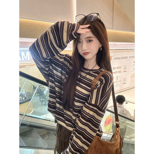 Original quality striped long-sleeved T-shirt for women, autumn inner layering shirt, loose retro lazy top