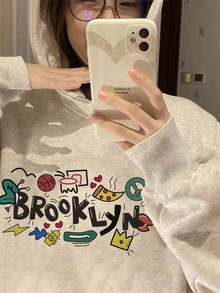 Cotton Heavyweight Thin / Fleece-lined Silver Fox Fleece Loose Korean-style Printed Sweatshirt for Women - New Arrival for Autumn and Winter