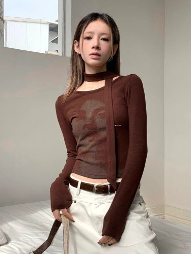 Cotton Modal Tailored Hot Girl Pure Desire Printed Round Neck Exposed Collarbone Ribbon Long Sleeve T-Shirt Top