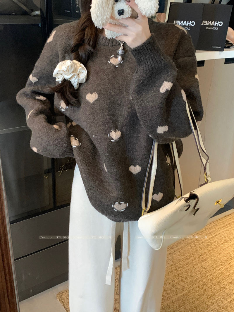 Actual shot ~ New Autumn Korean Style Geometric Heart Crew Neck Loose Oversized Hooded Trendy Sweater