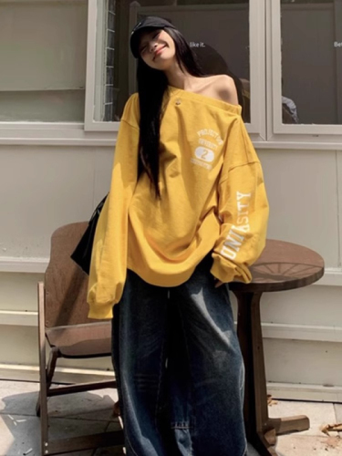 Double yarn cool cotton 260g yellow letter printed oblique off-shoulder long-sleeved T-shirt casual loose lazy style top