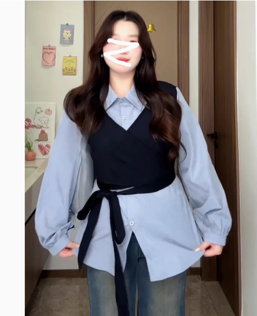Large Size Plus Size Korean Style Versatile Two-Piece Long-Sleeve Women's Autumn 2024 New Binding Waist Cinching Tunic to Hide Fat