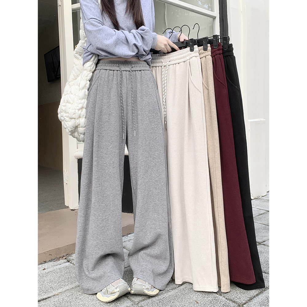 Real shot! 2024 autumn and winter new style lazy style thickened drawstring drapey wide-leg pants casual pants for women