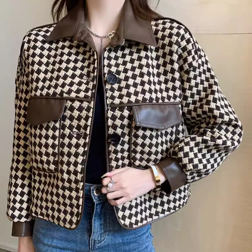 Jacket women's autumn and winter 2024 new retro French houndstooth design splicing short thickened long-sleeved top