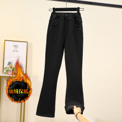 實拍冬新款大碼高腰彈力加絨加厚微喇女休閒顯瘦胖MM韓版保暖褲