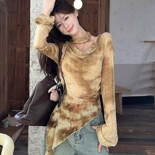 Early autumn tie-dyed slanted shoulder long-sleeved T-shirt for women niche outer wear hot girl style irregular temperament top