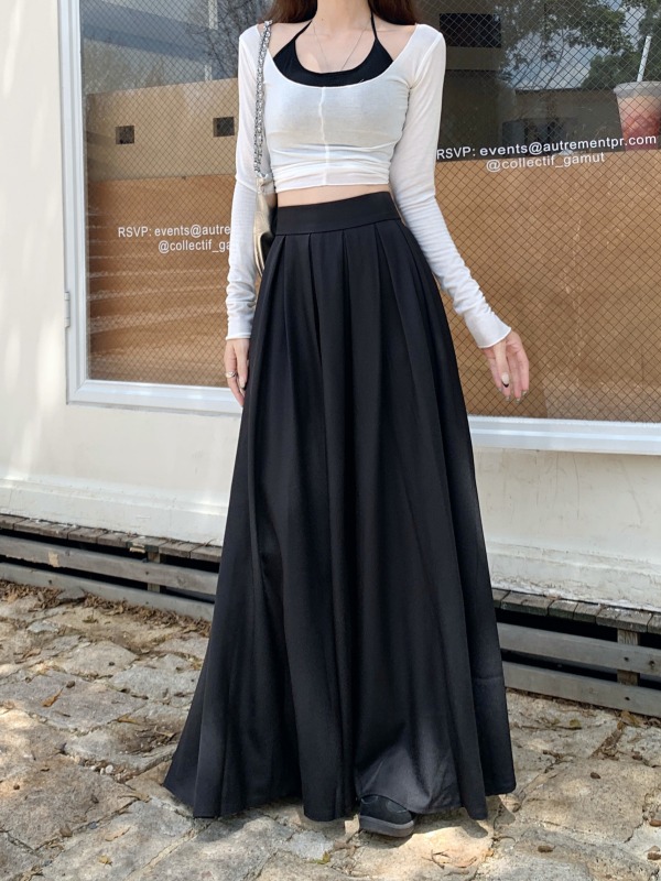 Temperament suit skirt slimming large hem pleated skirt black long skirt floor-length umbrella skirt for women