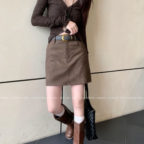 Anti-exposure, slim A-line pu leather skirt, women's new high waist bag hip skirt short skirt for women