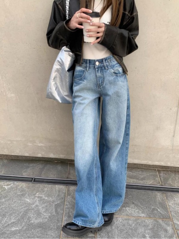 Washed blue denim wide-leg pants for women, new summer retro loose straight pants, versatile slimming floor-length trousers