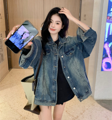 Fat M worn French retro Hong Kong style chic all-match small fragrance blue denim jacket for women