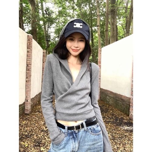 Official picture of ribbed German velvet retro gray cross hooded long-sleeved T-shirt temperament short zipper top