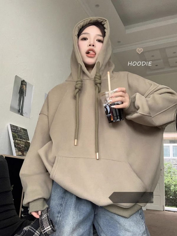 Sweatshirt women's autumn and winter new style American retro hooded plus velvet thickened loose mid-length coat tops have been shipped