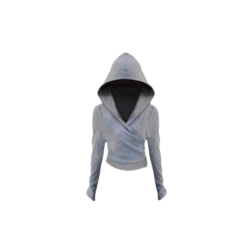 Official picture of ribbed German velvet retro gray cross hooded long-sleeved T-shirt temperament short zipper top