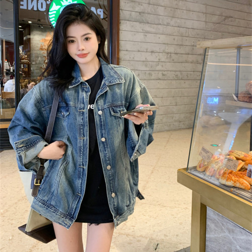 Fat M worn French retro Hong Kong style chic all-match small fragrance blue denim jacket for women