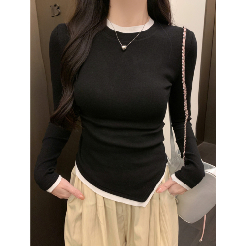 Real shot 1*1 thread 270g 2024 autumn and winter fake two-piece design niche long-sleeved T-shirt for women