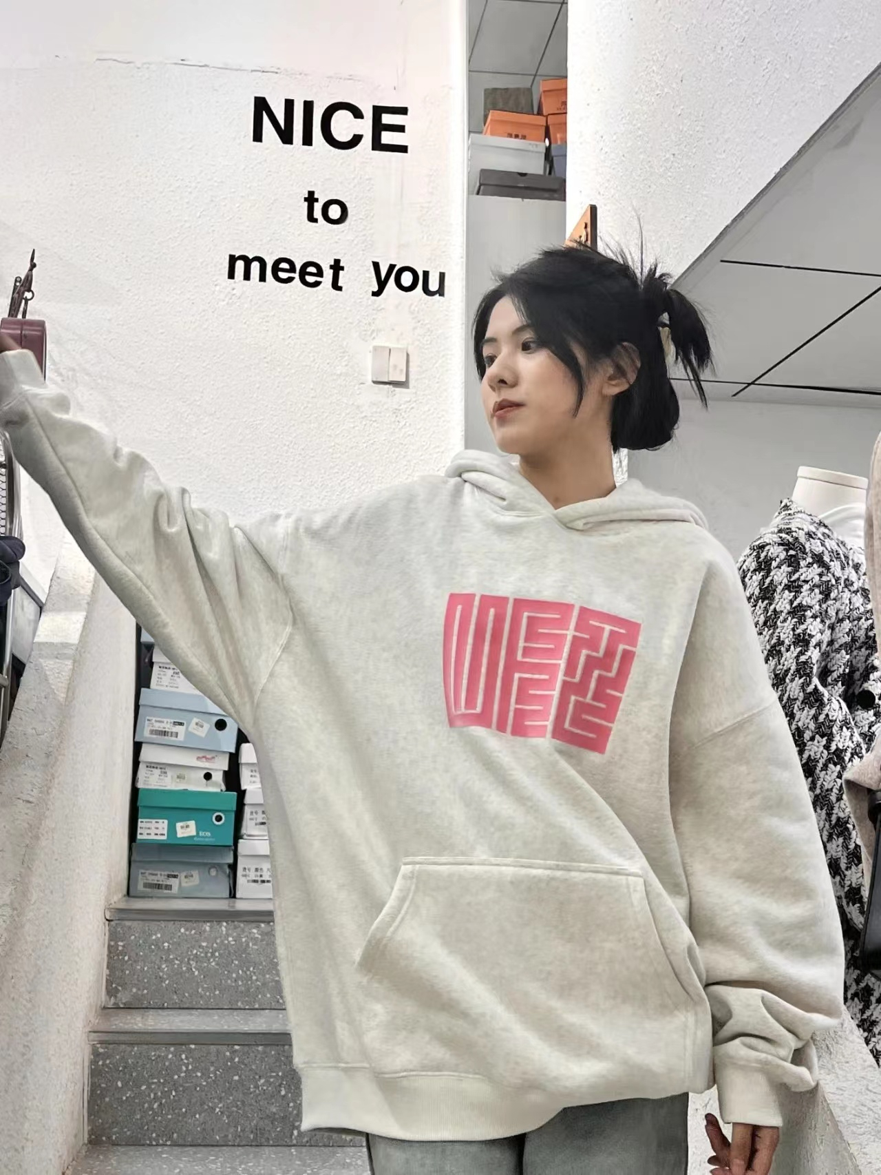 Cotton Heavyweight Thin / Fleece-lined Silver Fox Fleece Loose Korean Style Printed Sweatshirt for Women - New Arrival for Autumn and Winter