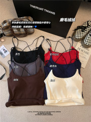 Actual shot ~ Unique bead cross square collar brushed warm strapless backless top autumn and winter base garment