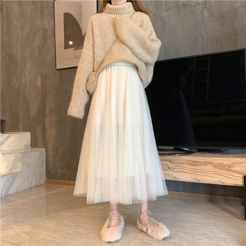 Autumn and winter Korean style mesh fashionable mid-length large hem skirt slimming skirt for women