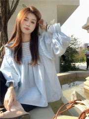 Plus size fat girl lace sweet long-sleeved new loose slimming top