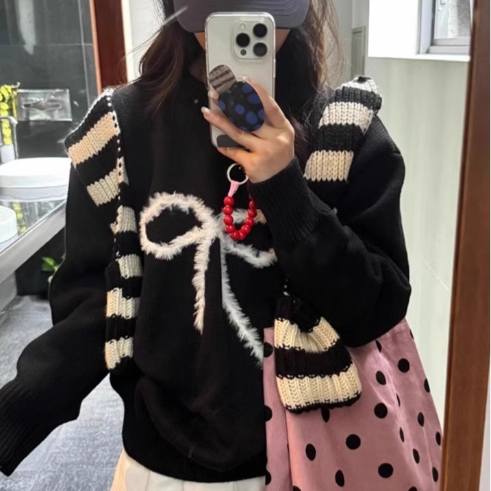 Loose bow sweater sweater for women in autumn and winter Korean style black outer wear loose lazy style top