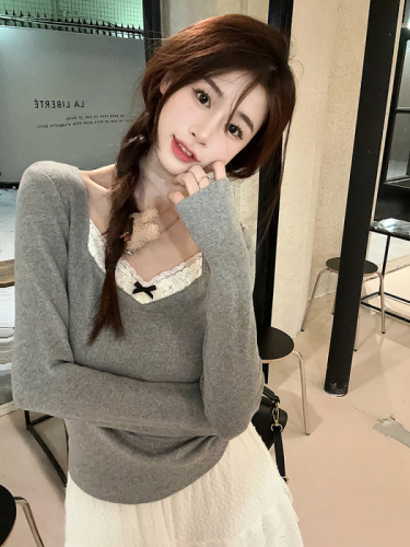 Lace splicing brushed warm bottoming shirt long-sleeved T-shirt for women autumn and winter gray slim fit inner with velvet thickened top