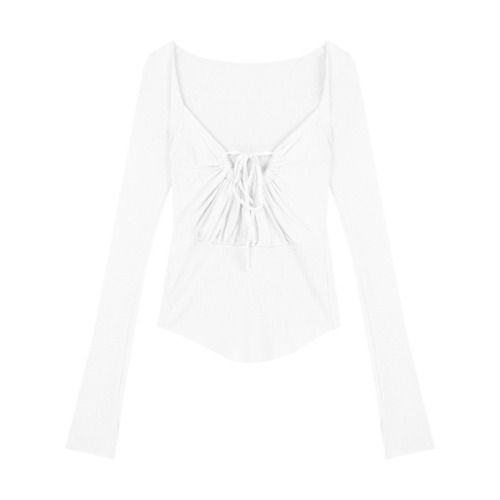 Pure desire white square neck long-sleeved T-shirt for women autumn sexy slim waist bottoming shirt drawstring strap top