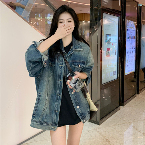 Fat M worn French retro Hong Kong style chic all-match small fragrance blue denim jacket for women