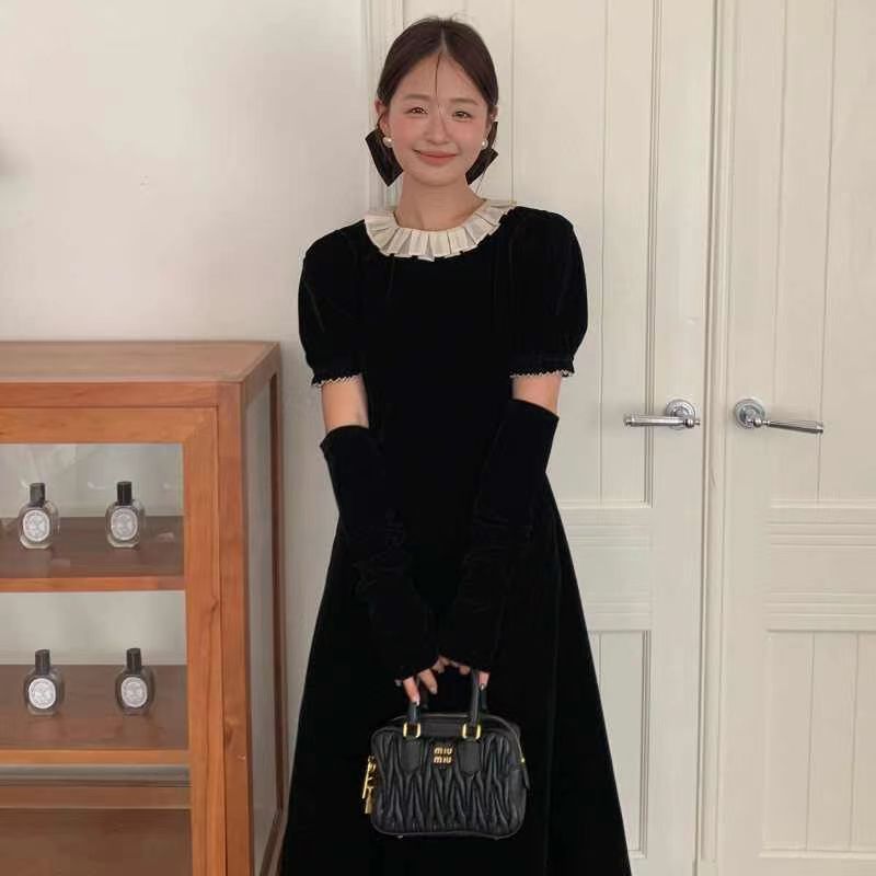 Dress skirt birthday group Autumn and winter French lace collar slimming puff sleeve women's dress with sleeves