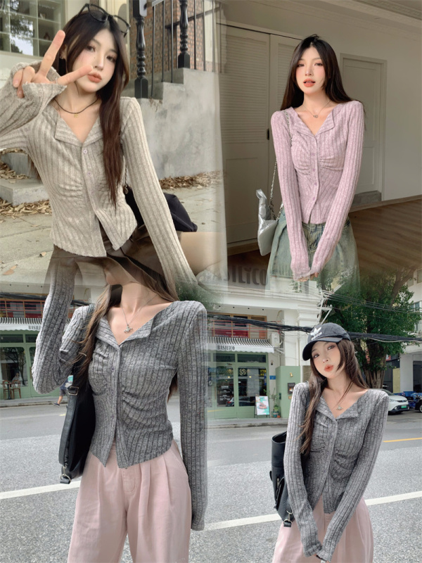 Sweet and cool hot girl cardigan with retro design, long-sleeved sweater, chic waist slimming top for women