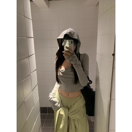 Jin Liang Official Picture Colored Cotton Ribbed Gray Hooded Swing Collar Long Sleeve T-Shirt Women's Autumn Slim Navel Cropped Top