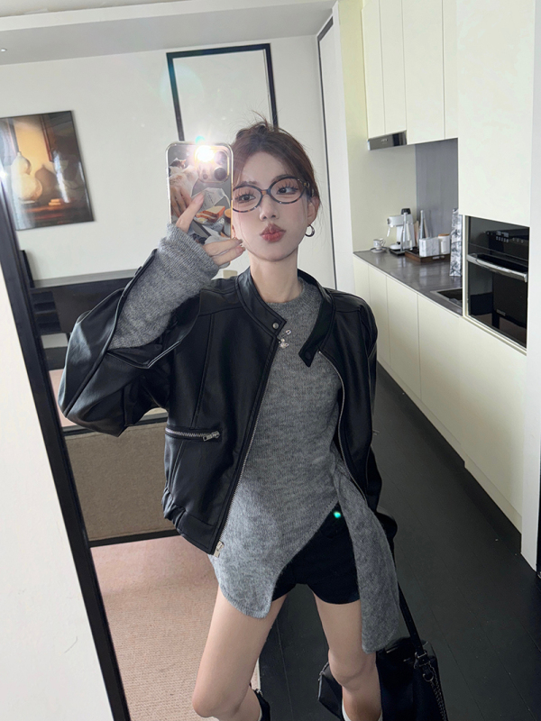 Korean style versatile slim fit slit strappy knitted top + retro motorcycle style leather jacket