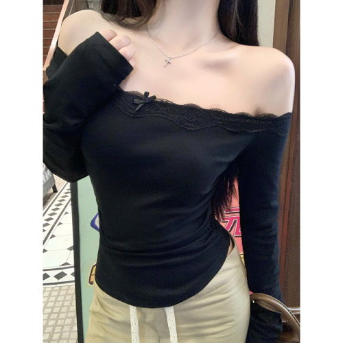 Real shot of off-shoulder lace bow long-sleeved off-shoulder slim top