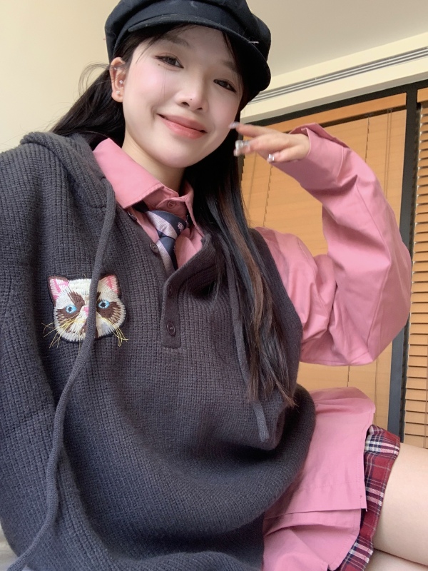 Korean style cute age-reducing embroidery Pussycat Dolls college style hooded vest + lotus root pink all-match shirt