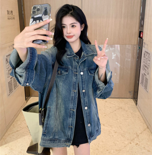 Fat M worn French retro Hong Kong style chic all-match small fragrance blue denim jacket for women