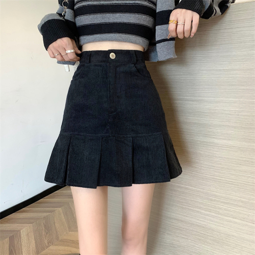 ~Retro corduroy pleated skirt women's autumn and winter skirt slimming short skirt high waist A-line hip skirt