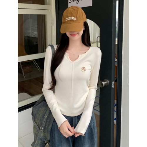 Real shot 1*1 thread 2024 autumn and winter long-sleeved T-shirt women's V-neck bottoming shirt embroidered letters