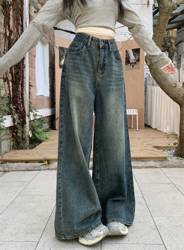 Early spring American retro jeans for women, high-waisted, loose, wide-leg, straight-leg, drapey floor-length trousers
