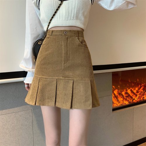 ~Retro corduroy pleated skirt women's autumn and winter skirt slimming short skirt high waist A-line hip skirt